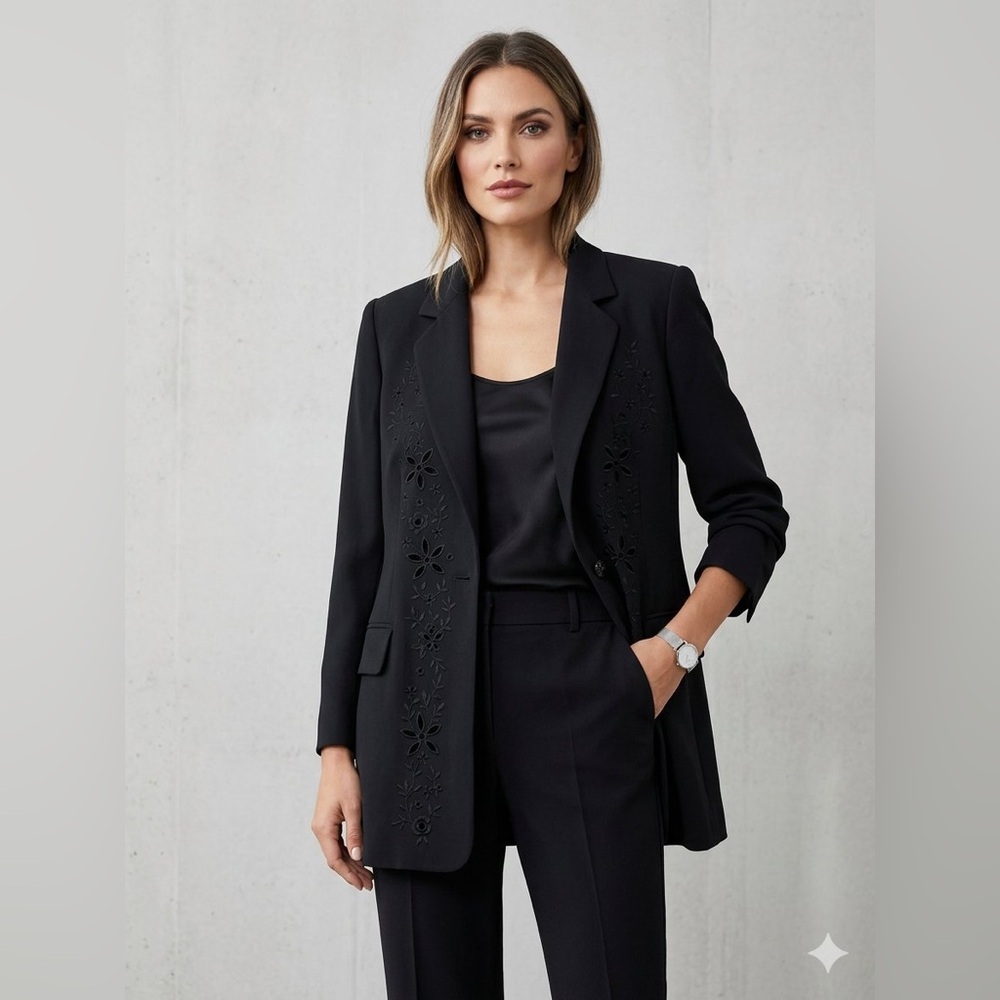 Escada Black Embroidered Floral Blazer